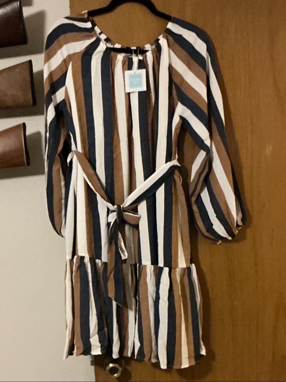 Hayden Striped Mini Dress in Navy, Brown, and White